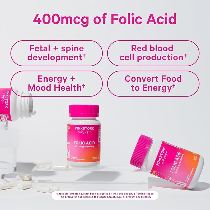 Pink Stork Folic Acid Supplement for Women - 400mcg, Prenatal Vitamins for Women, Supports Neural and Spine Health, Red Blood Cell Production, Mood, Energy During Pregnancy - 30 Capsules