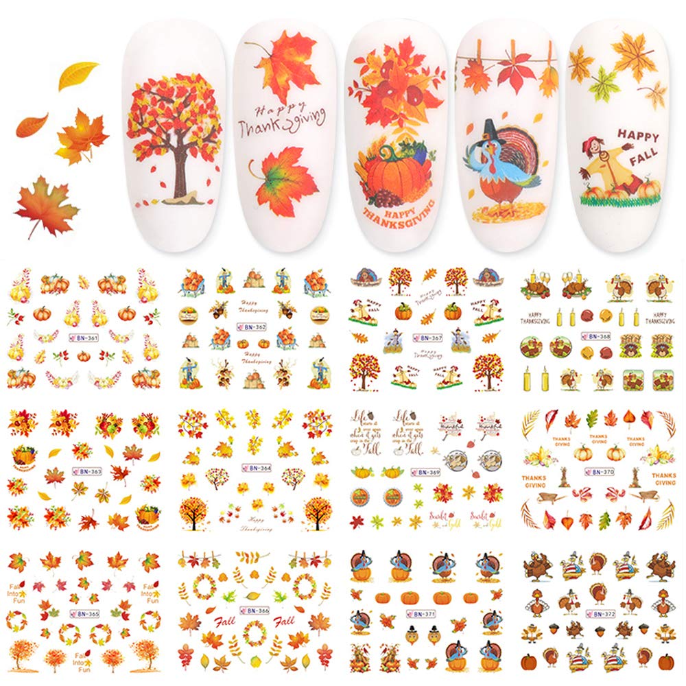 Fall Nail Stickers Autumn Maple Leaf Nail Art Decals Thanksgiving Day Water Decal Transfer Slider Set Turkey Pumpkin Nail Art Fo