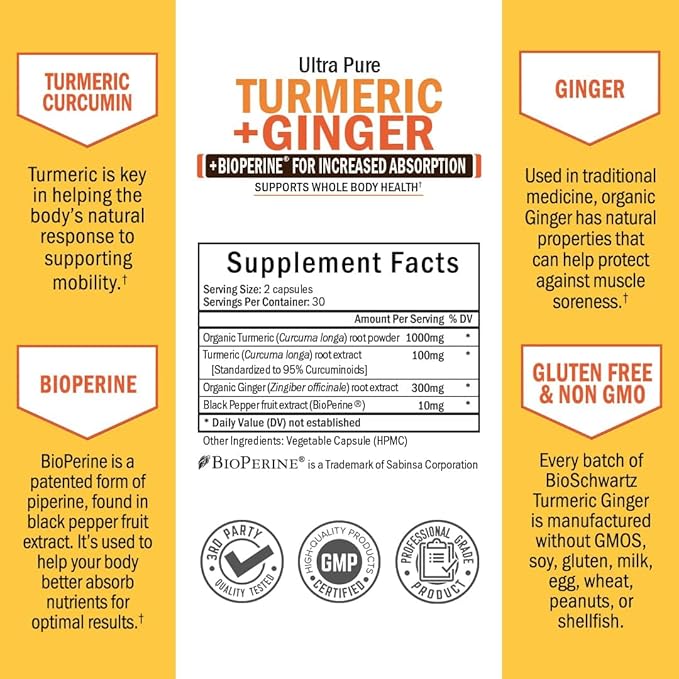 Organic Turmeric Curcumin and Ginger Supplement (1 Month Supply) Plus 65 Billion CFU Daily Probiotic Supplement (1 Month Supply)
