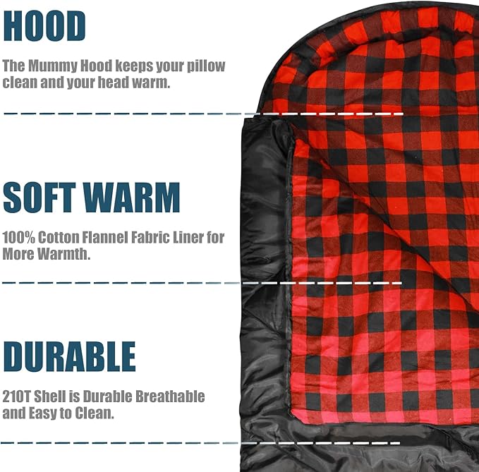 ShinHye 0 Degree Sleeping Bag for Adults - Cotton Flannel 4 Season Cold Weather Winter, XXL Big and Tall Camping Sleeping Bag with Compression Sack
