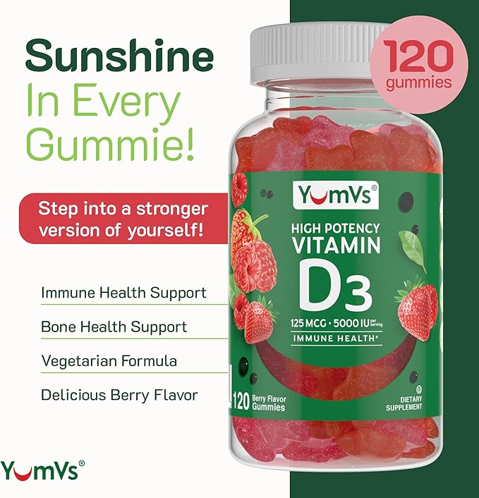 YumVs High Potency Vitamin D3 Gummies 5000 IU 125 mcg - Berry Flavor - Vegetarian Kosher Halal Gluten Free - Vitamin D Gummies for Adults - Vit D Vitamin D 5000 IU Gummy for Men and Women (120 Count)