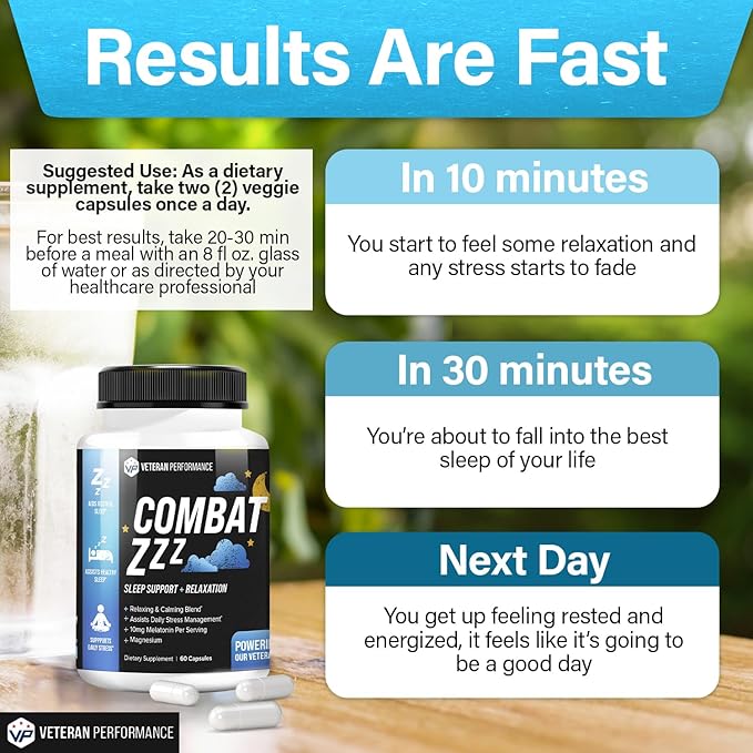 Combat ZZZ Natural Sleep + Relaxation Aids for Adults – Sleep Supplement with Melatonin L-Theanine Vitamin B6 GABA Magnesium Sleep Aid (60 Pills) (60 Count (Pack of 1))