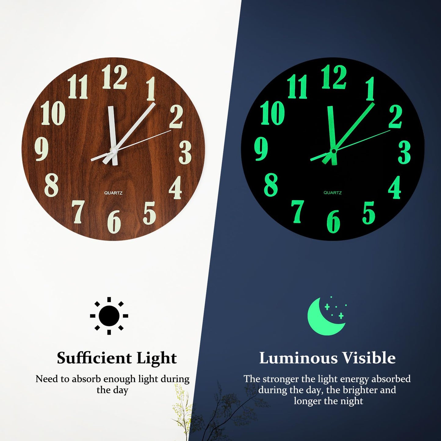 BTBHIHO 12''Luminous Wall Clock, Wooden Silent Wall Clocks Non Ticking, Battery Operated Glow in The Dark Clock, Home Wall Watch for Living Room Kitchen Decoration Bedroom Study Office