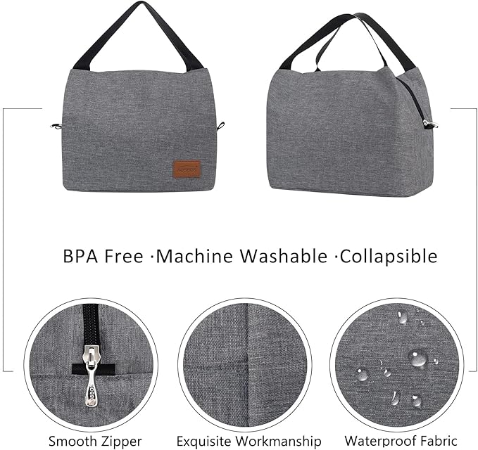 Aosbos Insulated Lunch Bag for Women, Men & Adults - Small Lunch Box, Leakproof Tote Cooler Box for Work/Office/Picnic,loncheras para mujer loncheras para hombres，Gray