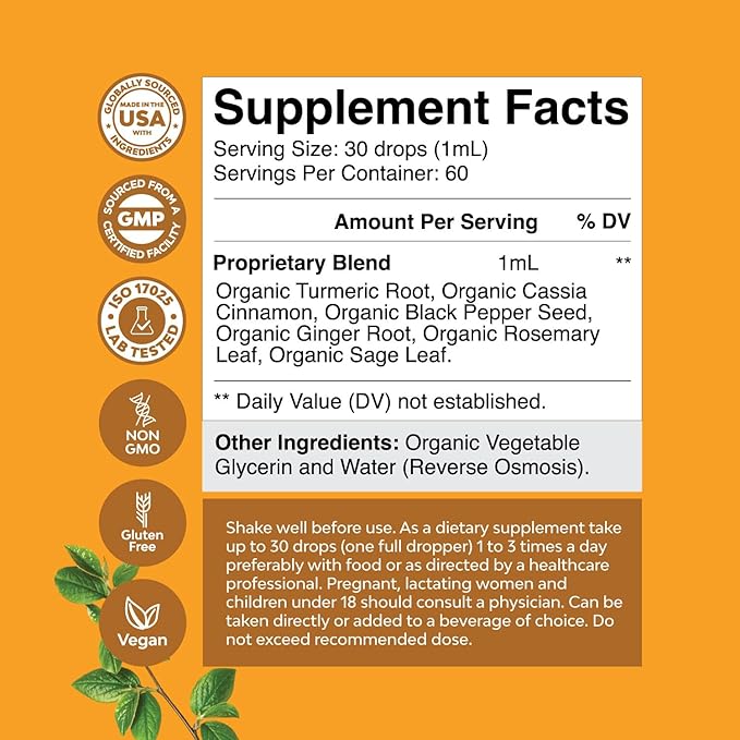 Organic Turmeric Liquid Drops for Adults - Liquid Turmeric Curcumin with Black Pepper Cinnamon and Ginger for Joints Digestion Immunity & More-Organic Supplement Concentrate (2oz) (2)