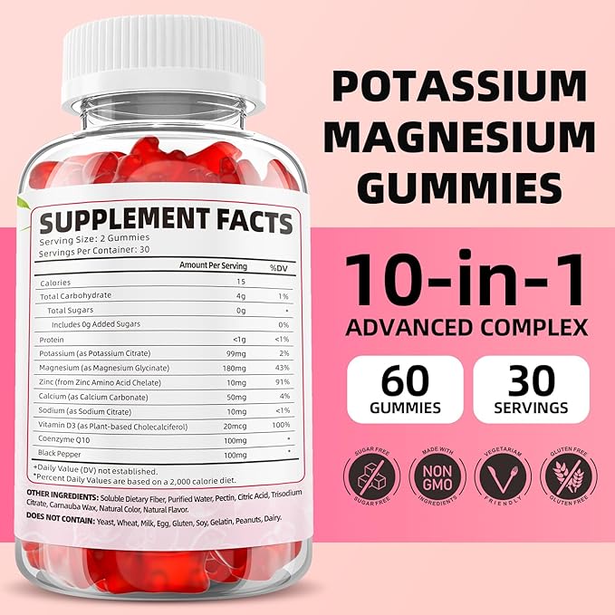 Potassium Magnesium Supplement Gummies, Potassium Gummies for Adults Kids, High Absorption Magnesium Glycinate for Leg Cramps & Immune Health, Sugar-Free, Raspberry Flavors, 120 Count