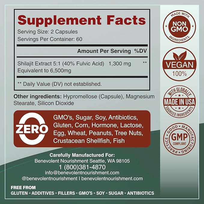 6,500mg Shilajit Supplement with 40% Fulvic Acid (High Absorption) | Shilajit Mineral Supplement with 85+ Trace Minerals for Energy, Performance & Immune Health - 120 Capsules