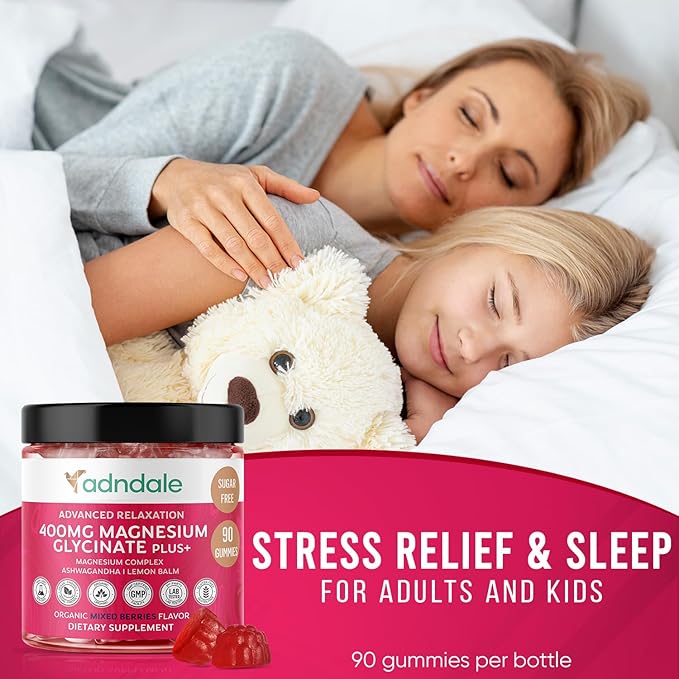 90 CT Magnesium Glycinate Gummies 400 mg/Serv - with Ashwagandha, Magnesium Malate & Taurate - Sugar Free Chews for Adults & Kids Relaxation, Stress Relief, Night Rest, Muscle & Cardio Support