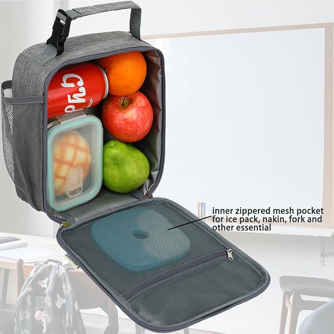Lunch Box for Kids Boys Girls Men Women, Insulated Small Soft Cooler Lunch Bag Kit for School Work Picnic Travel - Reusable Portable lunchbox, Grey