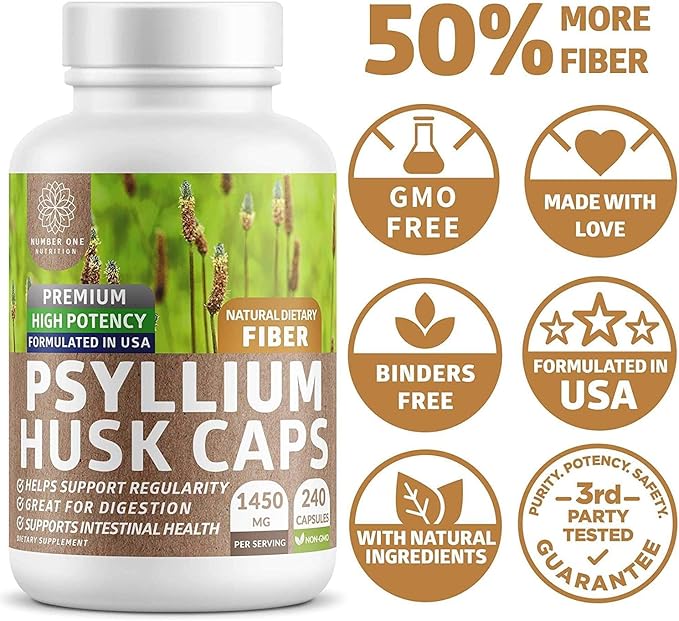 N1N Premium Psyllium Husk Capsules [All Natural,1450 MG] Powerful Soluble Fiber Supplement to Support Regularity and Digestive Health, 240 Caps
