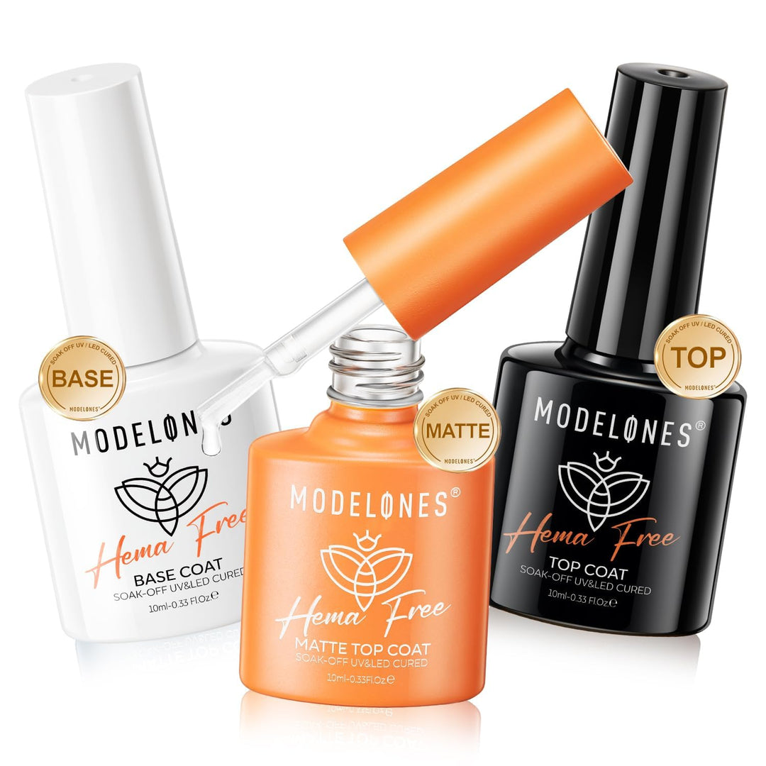 Modelones Hema-Free Gel Top and Base Coat Set, 3 Pcs Clear Glossy Velvet Matte Gel Base Top Coat No Wipe Matte Top Coat for Spring Gel Polish Soak Off Nail Lamp Easter Nail Art Home Salon Manicure