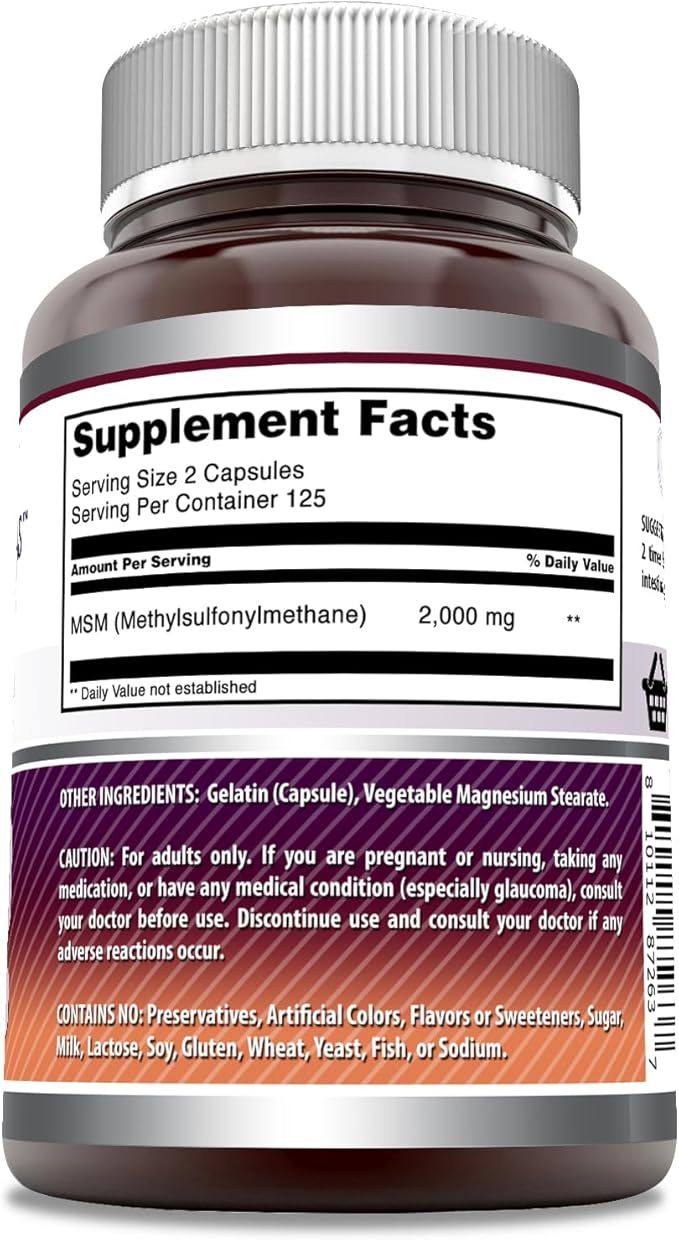 Amazing Formulas MSM (Methylsulfonylmethane) Supplement | 2000 Mg Per Serving | Capsules | Non-GMO | Gluten Free | Made in USA (1 Pack, 250 Count)