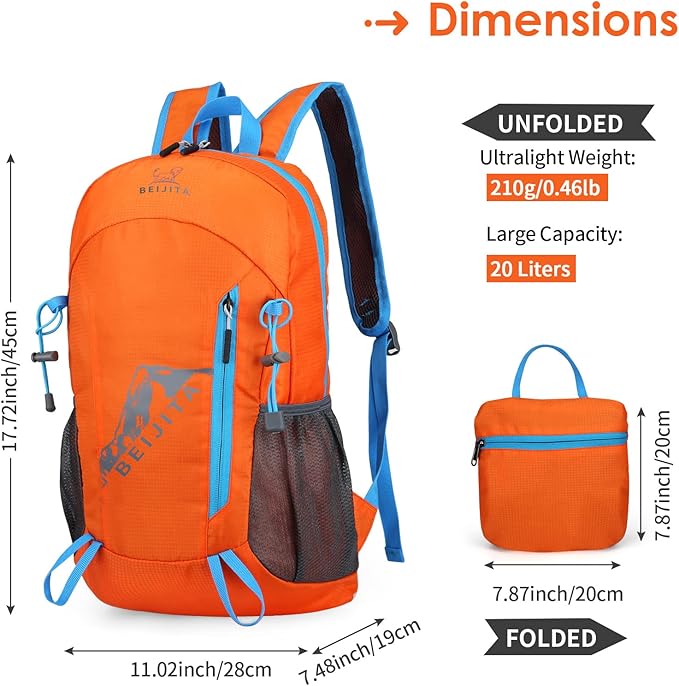 20L Lightweight Hiking Backpack, Foldable Waterproof Back Pack, Packable Small Travel Backpack for Men, Ultra Lightweight Backpack for Women Men(Orange)
