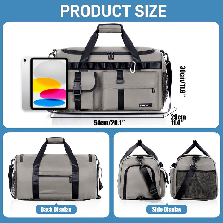 FIORETTO Women's Men's Water-Resistant Gym Duffle Bag with Shoes Compartment, 45L Capacity, Multi-Functional, Ideal for Travel, Gym, Sports, Weekender, Grey