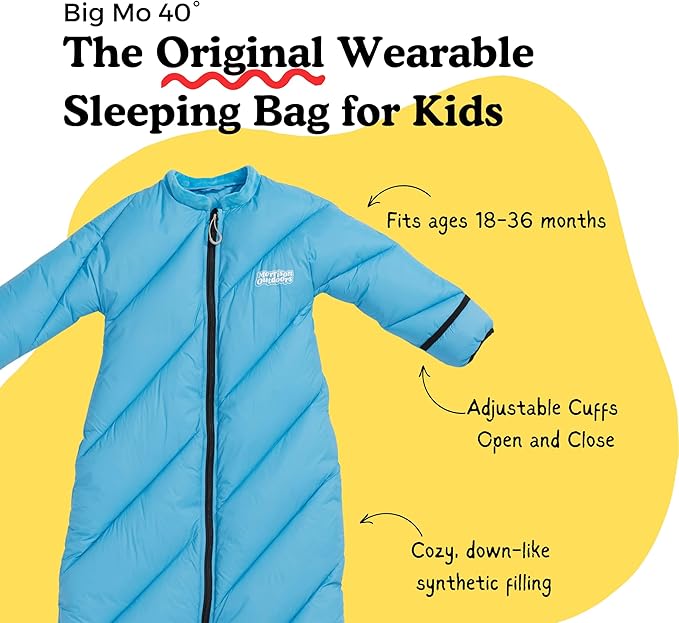 Big Mo 40° Kids Sleeping Bag (Ages 18-36m). The Coziest, Funnest Camping Sleeping Bag for Kids with Adjustable Cuffs.
