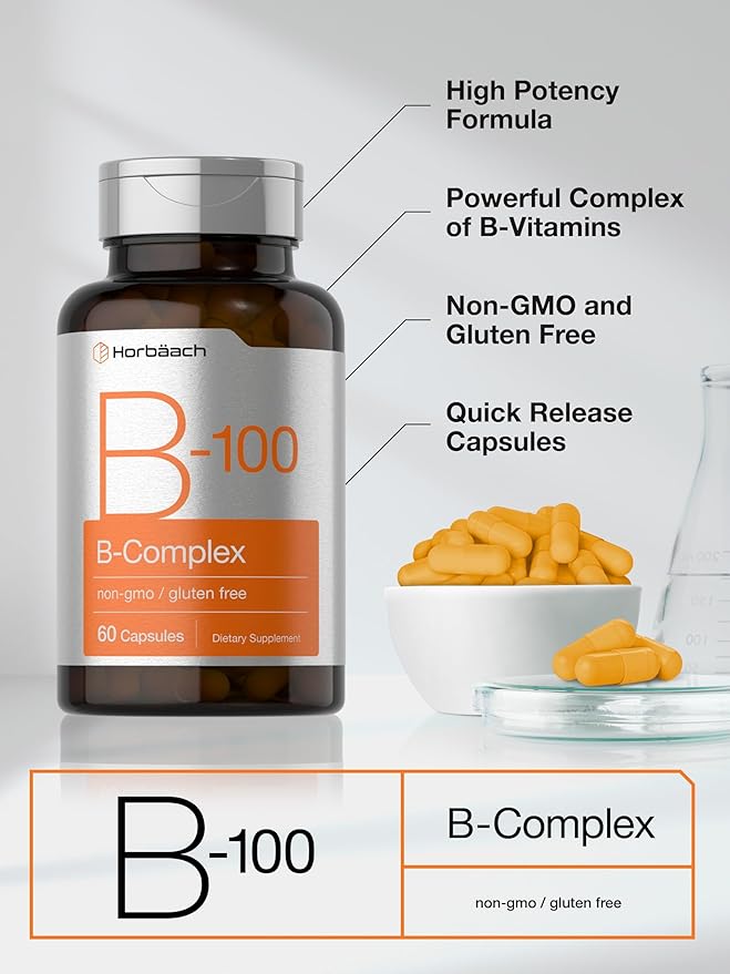 Horbäach Vitamin B-100 Complex | 60 Quick Release Capsules | Non-GMO and Gluten Free Supplement