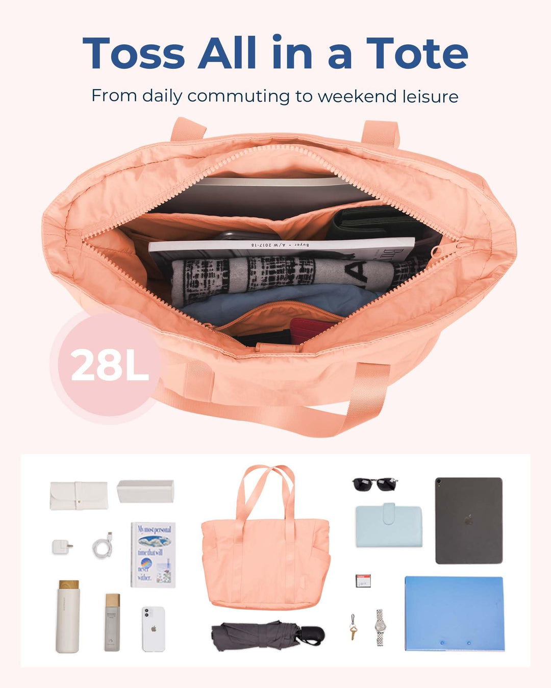 BAGSMART Tote Bag for Women with Zipper, Gym Tote with Compartments, Laptop Work Tote Nurse Dance Yoga Bag for Sport, Travel