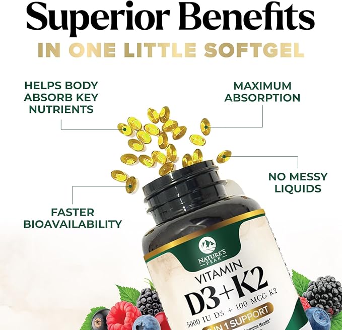 Vitamin D3 K2 Supplement | 5000 IU Vitamin D3 & 100 mcg Vitamin K2, 2 in 1 Vitamin D with K2 Complex Softgels, Support Immune, Heart, Joint, Teeth & Bone Health, Easy to Swallow, Non-GMO, 240 Softgels