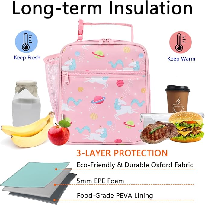 Lunch Box for Kids Boys Girls Men Women, Insulated Small Soft Cooler Lunch Bag Kit for School Work Picnic Travel - Reusable Portable lunchbox,Pink Unicorn