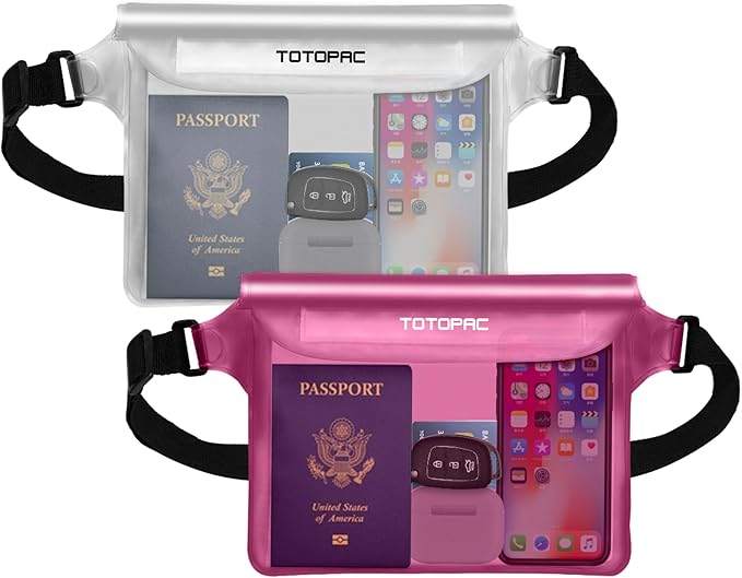 2-Pack Waterproof Fanny Pack, Phone Pouch with Waist Strap, 9x6.7 Inch Dry Bag for Phone, Cash, and Valuables – for Swimming, Kayaking, Boating, Snorkeling, and Water Sports (2, Pink + White)