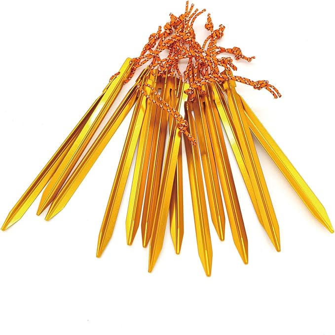 15Pack Tent Stakes, 7075 Aluminum Tent Stakes Heavy Duty, Lightweight Metal Stakes with Pull Rope, Tent Pegs for Backpacking, Durable Camping Tent Accessories, Orange