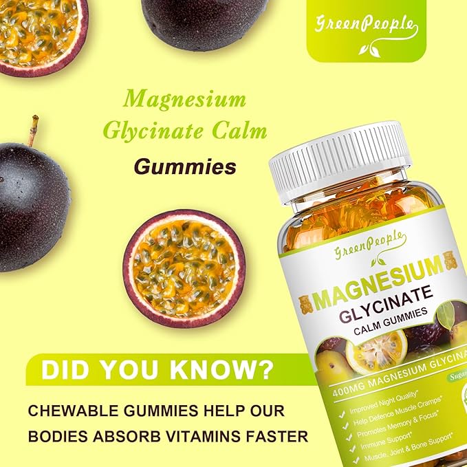Magnesium Glycinate Gummies 400mg - Sugar Free Magnesium Potassium Supplement with Magnesium Malate, Vitamin D, B6, and CoQ10 for Calm Support & Sleep for Adults - Passion Fruit Gummies