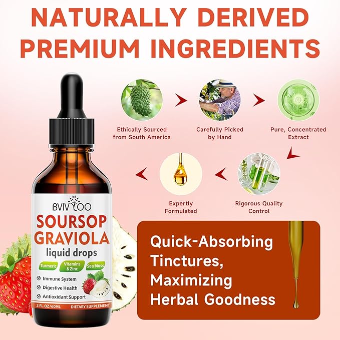 Soursop Graviola Liquid Drops for Cell Support & Regeneration, Immune Boost, Relax, Liver and Sleep, Soursop Bitters Liquid, Sugar/Gluten Free, Natural Strawberries Flavor - 4 Fl Oz (120ml) Bottle