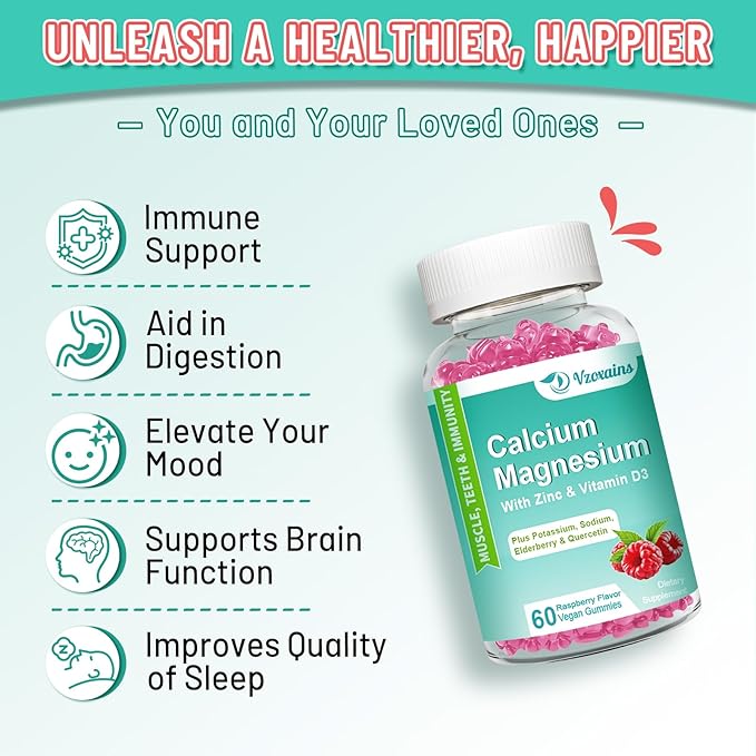 High Absorption Calcium Gummies, Calcium Magnesium Zinc with Magnesium Glycinate, Potassium, Vitamin D3 for Women & Men - Raspberry Flavored 120 Cts