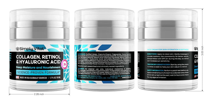 Anti-Aging Retinol Cream | Collagen & Hyaluronic Acid | Daily Moisturizer - 3.38 fl oz