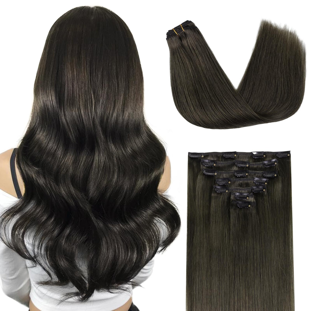 Doores Human Hair Extensions Clip In, Mocha Brown 18 Inch 7Pcs 120G, Remy Clip In Hair Extensions Silky Straight Natural Hair Ex
