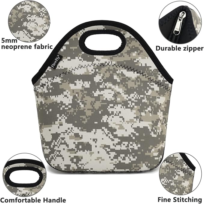 FlowFly Neoprene Lunch Tote Insulated Thermal Reusable Lunch Bag Box for Boys Men with Zipper (Digital Camo)