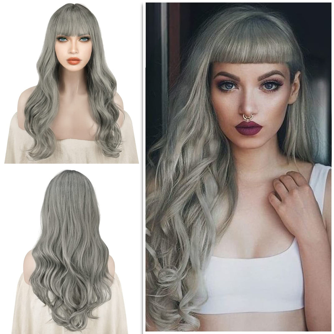 SOFEIYAN Ombre Wig with Bangs Long Curly Wavy Synthetic Wigs for Women Gray Hair Wig Heat Resistant Colorful Natural Wavy Wigs Daily Party Wigs 24 Inches Gray