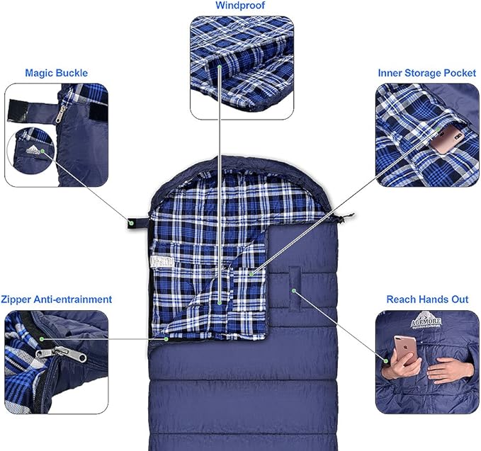 AGEMORE Cotton Flannel Sleeping Bag XL for Camping, Envelope Sleeping Bags for Adults 91"X35", Great for 3-4 Season Traveling, Hiking & Outdoor Activities, Waterproof Comfort with Compression Sack