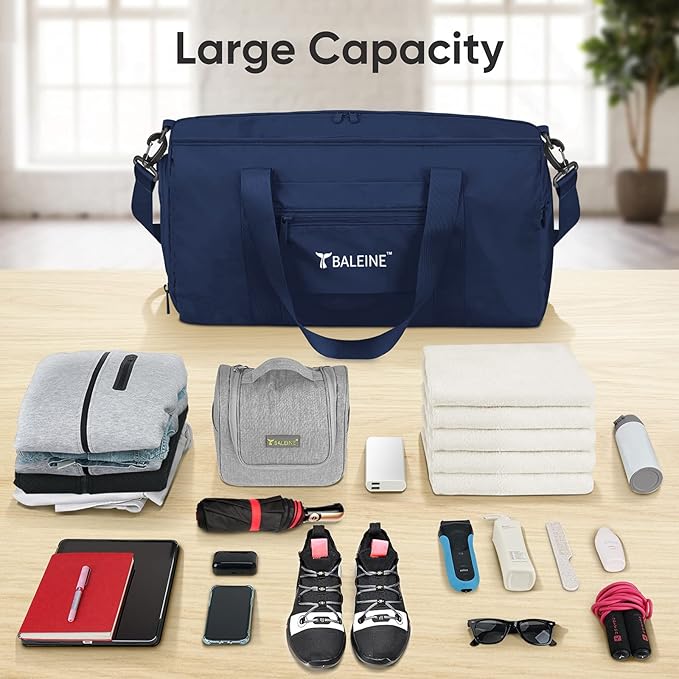 BALEINE Gym Bag for Women and Men, Duffel Bag for Sports, Gyms and Weekend Getaway, Waterproof Dufflebag with Shoe and Wet Clothes Compartments, Lightweight Carryon Gymbag (Blue)