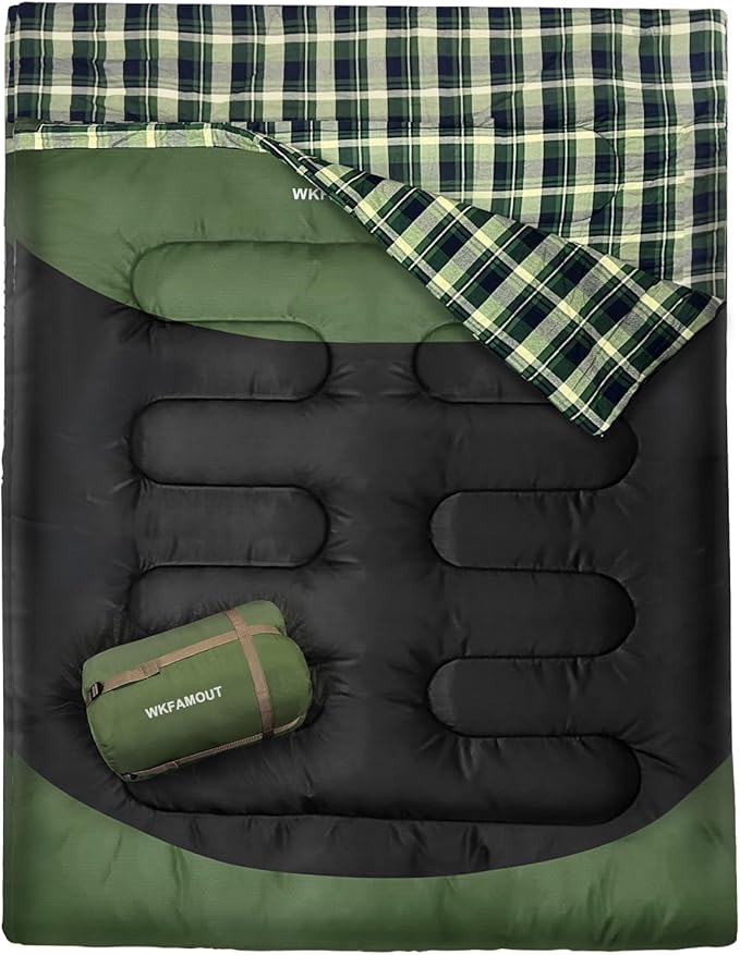 Cotton Flannel Double Sleeping Bag for Adults Machine Washable 2 Person Camping Sleeping Bag Queen Size Waterproof with Compression Sack for Cold Weather 3-4 Seasons