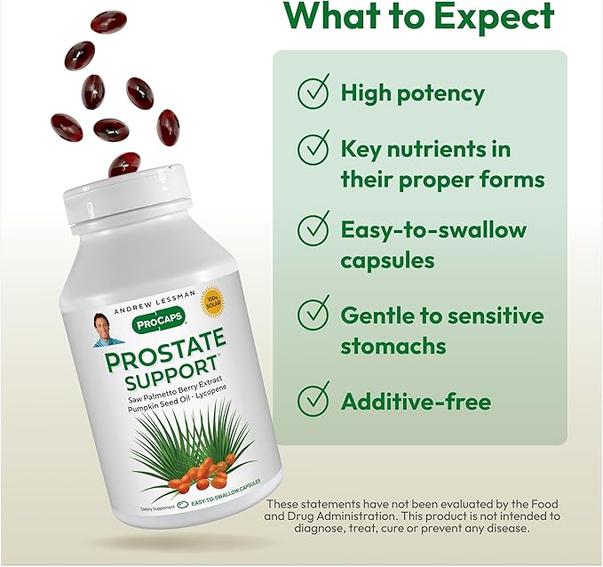 ANDREW LESSMAN Prostate Support Supplement for Men's Health, 60 Softgels, No Additives - Saw Palmetto for Men, Pumpkin Seed Oil, Lycopene, Omega-3 for Prostate Health, Urinary, Bladder Function