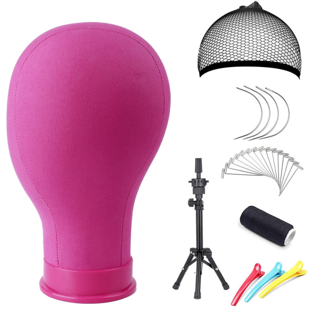 23 Inch Canvas Block Head Pink Wig Head with Wig Stand Tripod Mannequin Head Stand for Wigs Trimming Making Display.(23 Inch Pink)