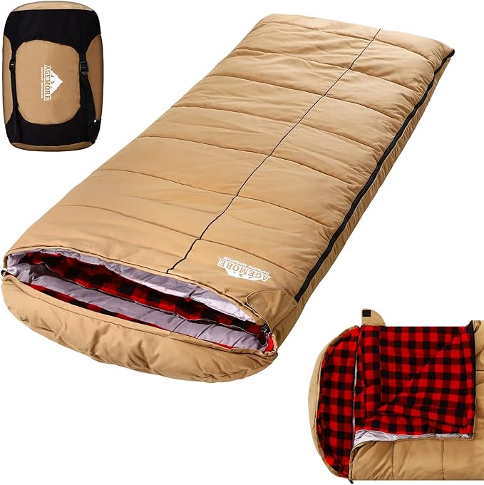 AGEMORE 0 Degree Canvas Sleeping Bag for Fishing, Hunting, Traveling and Camping Particularly in Cold Winter Outdoor with Removable Flannel Liner and Free Compression Sack for Big and Tall Adults