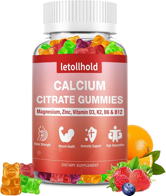 Calcium 1200mg with Vitamin D3, K2, Calcium Citrate Gummies with Magnesium Zinc, Calcium Supplements for Women for Bones Strength, Muscle & Immune Support, 60 Chewable Gummies