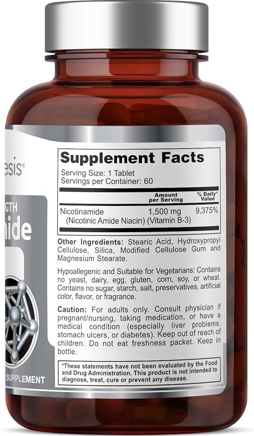 B-3 Nicotinamide 1500 mg 60 Tablets Maximum Strength - Nicotinic Amide Niacin Natural Flush-Free Vitamin Formula - Supports Skin Cell Health