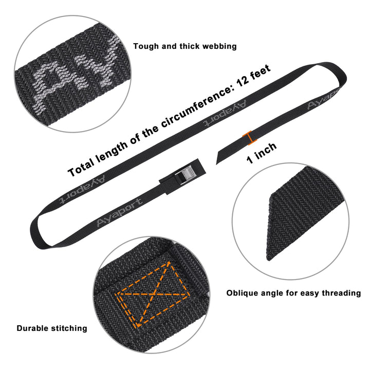 Ayaport Cam Buckle Tie Down Straps Lashing Straps 2200lbs Break Strength Heavy Duty Car Roof Rack Strap for Kayak, SUP, Surfboard, Cargo, Motorcycle, Truck, Boat, Dirt Bike (1" x 12'-Stainless)