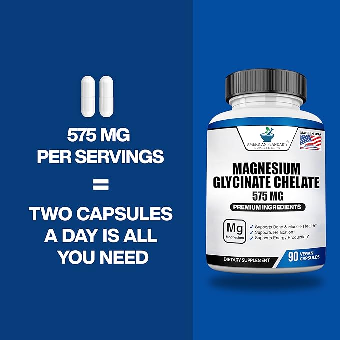 American Standard Supplements Magnesium Glycinate 575mg per Serving, 90 Veggie Capsules, Magnesium Supplement for Bone & Muscle Health, Chelated for Maximum Absorption
