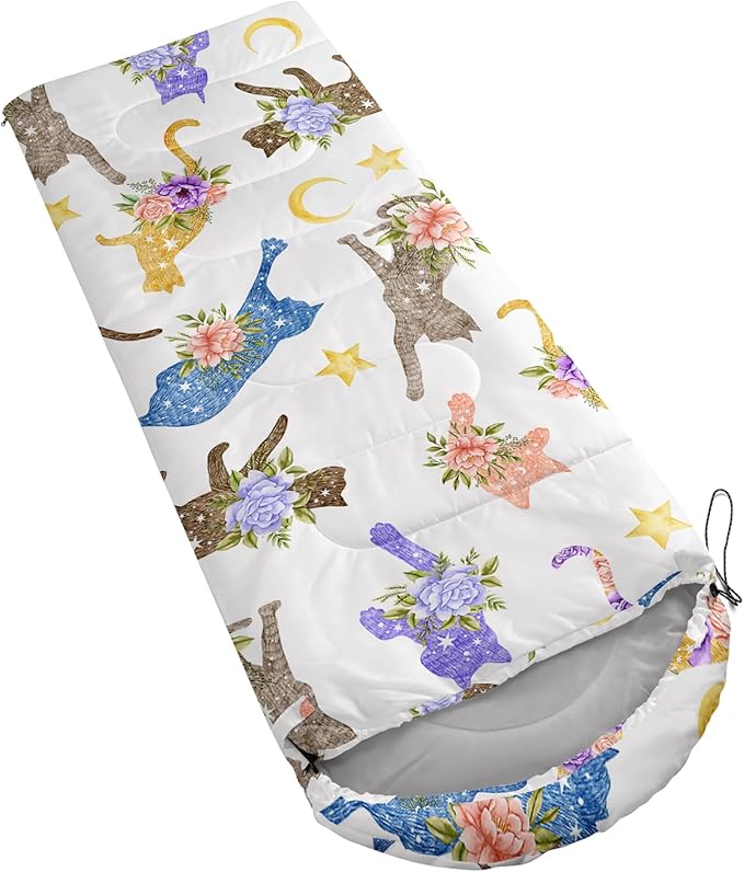 AILONEN Kids Floral Cat Camping Sleeping Bags,Lightweight & Waterproof,3 Season Warm & Cool Weather,Kawaii Kitten Sleeping Bags for Girls Adults,Travelling,Outdoors
