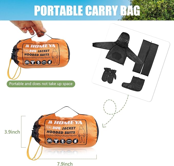 HOMEYA Bug Jacket L/XL, Anti Mosquito Netting Suit with Zipper on Hood Ultra-fine Mesh Pants Mitt Socks with Free Carry Pouch for Protecting Hunting Fishing Men Women
