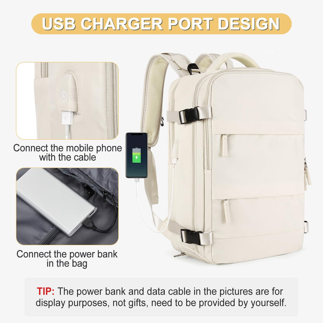 Beige Large Travel Backpack For Women Men Airline Approved Personal Item Backpack For Airlines Carry On Backpack Flight Approved Waterproof Backpack For Traveling On Airplane Weekender Travel Bag