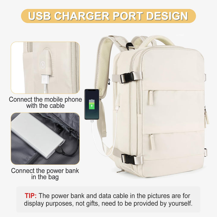 Beige Large Travel Backpack For Women Men Airline Approved Personal Item Backpack For Airlines Carry On Backpack Flight Approved Waterproof Backpack For Traveling On Airplane Weekender Travel Bag