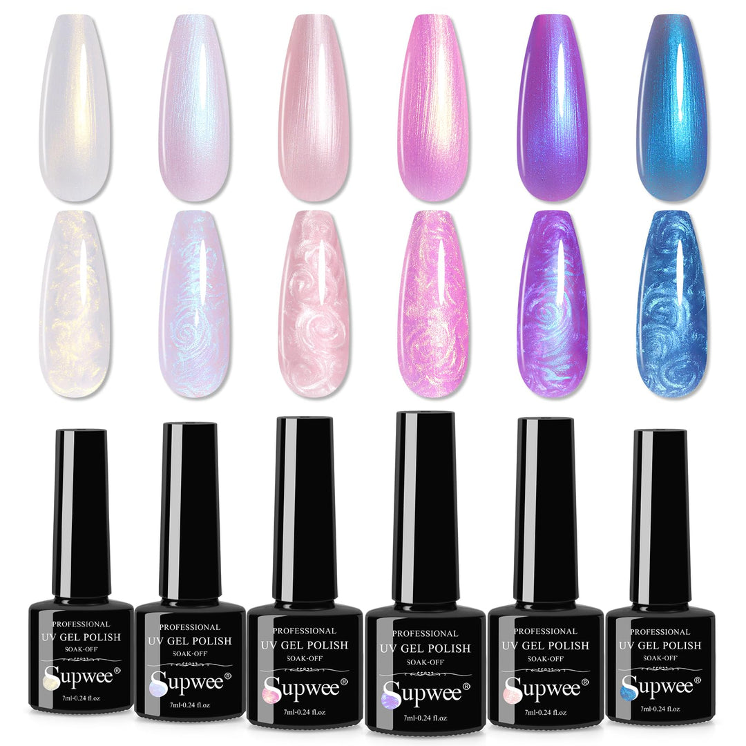 SUPWEE Pearl Gel Nail Polish 6 Colors, Pearl White Pink Nail Polish Gel Mermaid Pearlescent Nail Polish Iridescent Shimmer Blue Red Purple Shell Swirl Thread Effect UV Gel DIY Manicure