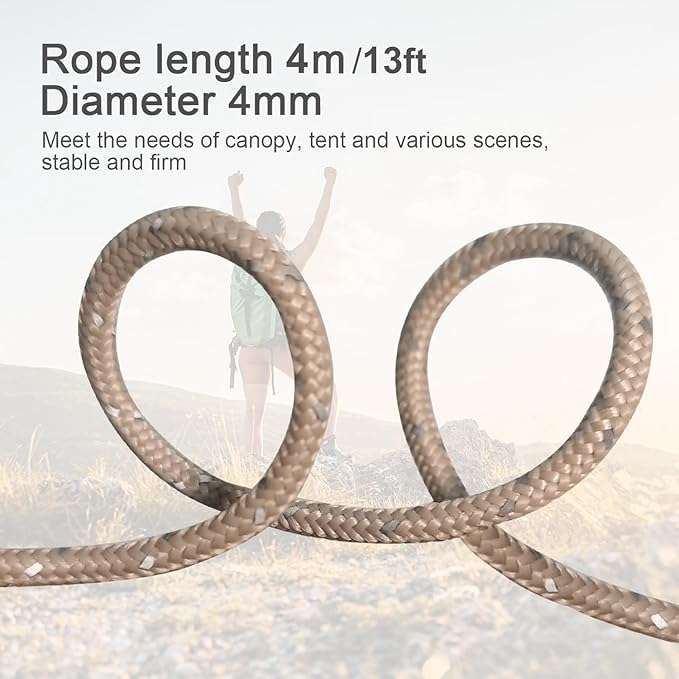 8 Pack High-Reflective Guy Lines 4mm Tent Cords High-Strength Lightweight Camp Ropes with Aluminum Adjuster Tensioner for Tent, Tying Down Tarps, Camping Tent, Outdoor Packaging (Khaki)