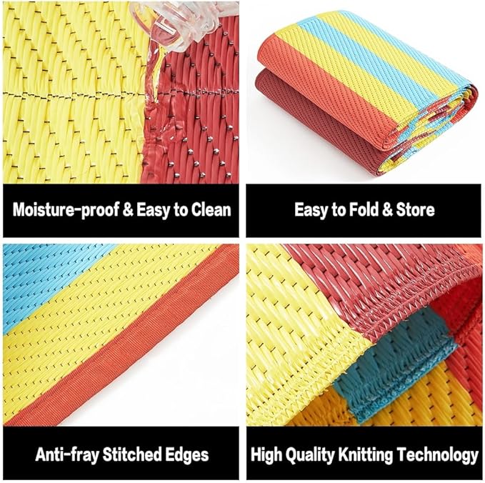 Outdoor Waterproof Rug 5'x8' Plastic Straw Rugs Washable Reversible Floor Mat Rainbow Stripe Carpet for Camping RV Deck Entryance Porch Picnic Balcony Beach Backyard