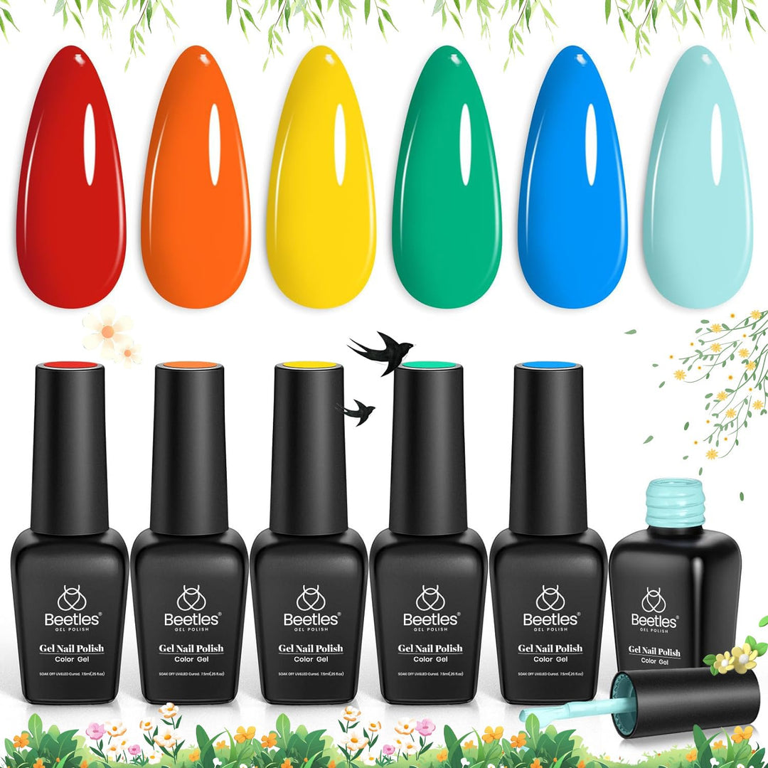 Beetles Spring Gel Nail Polish Set, 6 Colors Rainbow Gel Nail Polish Kit Red Yellow Blue Orange Green Summer Gel Polish Soak Off